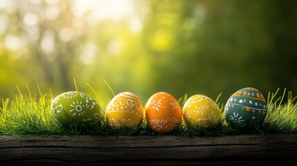 Colorful easter eggs on wooden surface amidst vibrant green grass and blurred spring background for festive mood
