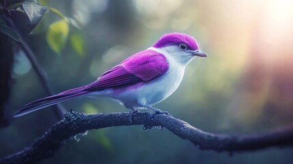 Obraz premium Soft focus portrait of an exotic Purple and white Tropical Bird perched on a tree branch