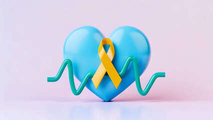 cancer awareness healing concep.t Heart symbol with a yellow ribbon and a heartbeat line, representing health awareness and support.