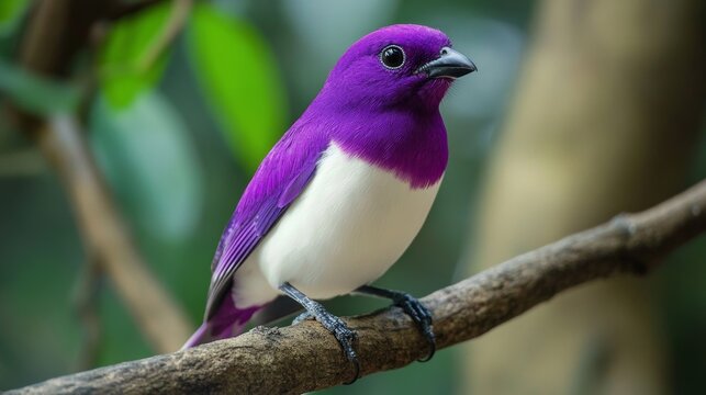 Soft focus portrait of an exotic Purple and white Tropical Bird perched on a tree branch