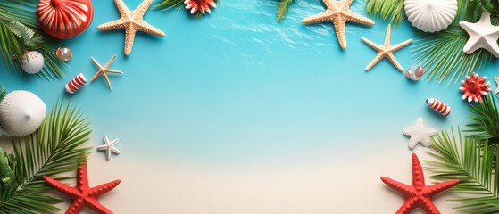 A beach scene with a blue background and a bunch of red and white starfish