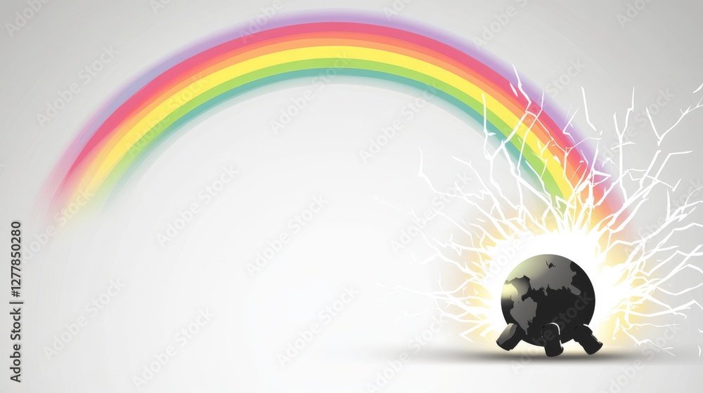 Poster minimalist design of rainbow arcing over globe with stylized lightning and soft background