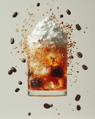 Iced coffee with whipped cream and coffee beans splashing around the glass. Refreshing summer drink photography.