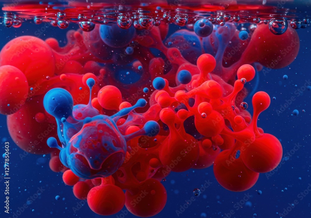 Aufkleber vivid red and blue ink swirls in water creating abstract patterns and bubbles
