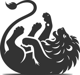 Silhouette of a lion rolling on its back playfully stretching