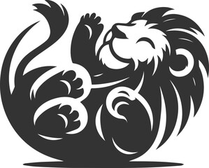 Silhouette of a lion rolling on its back playfully stretching