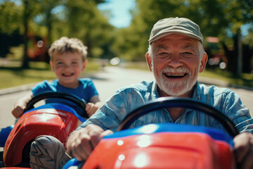 A grandfather and grandson enjoying a race in toy cars with big smiles on their faces in a park on a sunny day