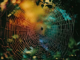 Naklejka premium Dew-kissed spiderweb glistening in the morning light. AI.