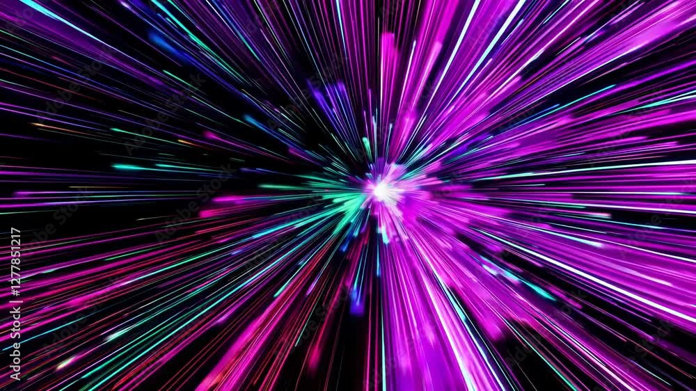 Poster bright magenta and cyan light streaks radiating from a central point on a black background. dynamic 
