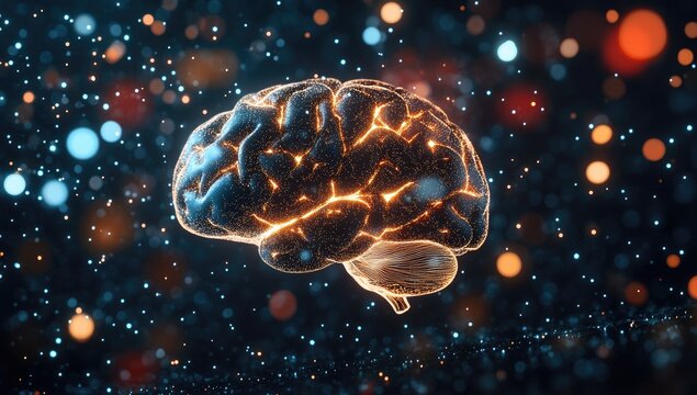 Illuminated brain in a digital space