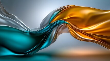 Abstract flowing wave of teal and golden silk with light and shadows