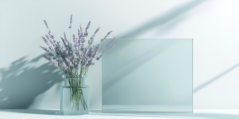 Digital illustration: A large blank glass rectangle on the wall with a light blue background.
