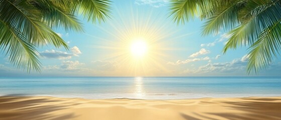 Obraz premium A beautiful beach scene with palm trees and a bright sun