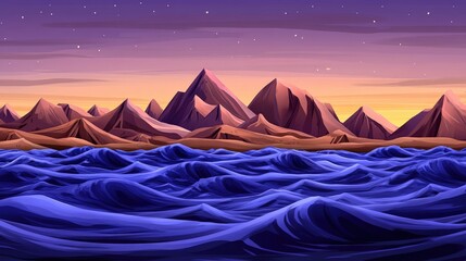 Abstract and Peaceful Illustration of Flowing Blue Waves Against a Mountainous Landscape at Dusk