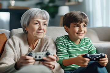 A grandmother and grandson sitting together on the couch, both smiling and holding game controllers while playing video games indoors