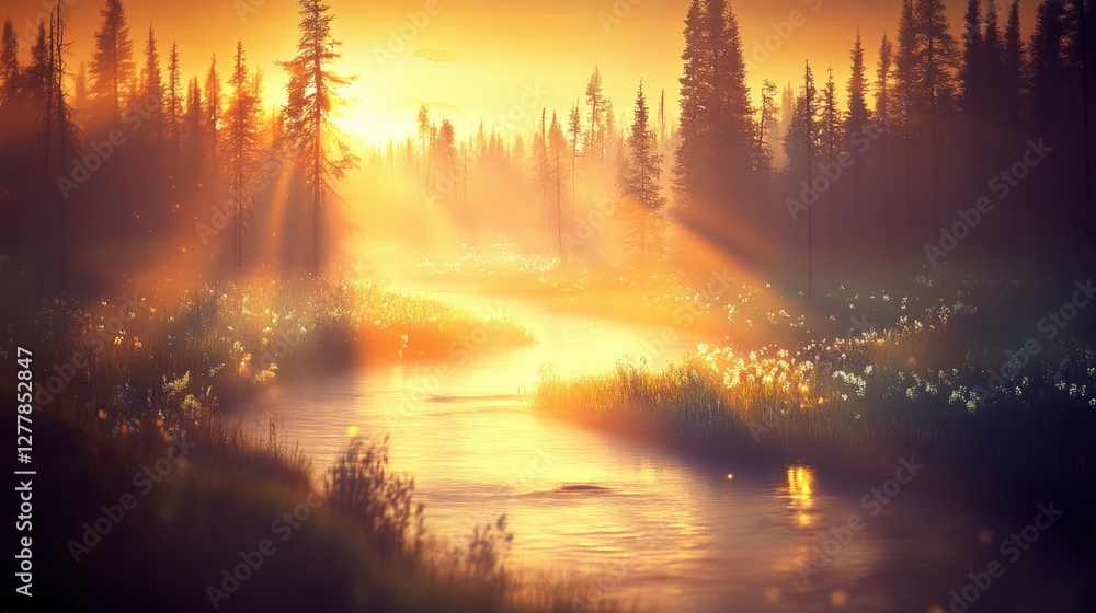 Poster serene forest clearing bathed in golden light with soft streams of sunlight in a tranquil nature set