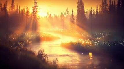 Serene Forest Clearing Bathed in Golden Light with Soft Streams of Sunlight in a Tranquil Nature Setting