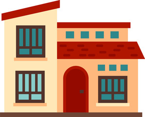 Charming two story house stands out with its red tiled roof, arched wooden door, and multiple windows, evoking a warm and inviting atmosphere