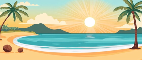 Obraz premium A beach scene with palm trees and a sun setting in the background