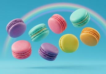 Obraz premium Colorful macarons floating on a blue background with rainbow