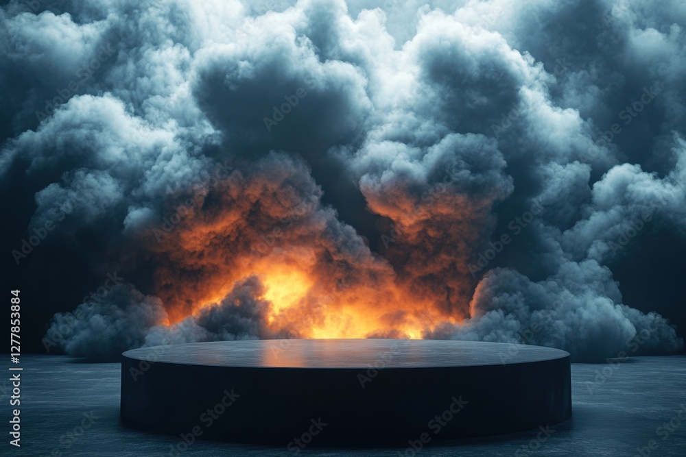 Poster dramatic stage illuminated by fiery light amidst billowing clouds creating a captivating visual spec