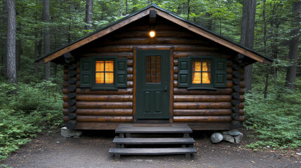 cozy log cabin nestled in lush green forest, featuring warm lights