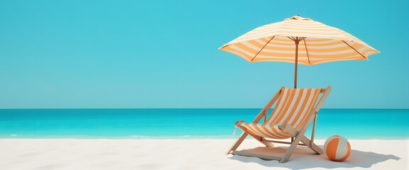 Obraz premium Beach chair and umbrella on white sand beach, summer vacation