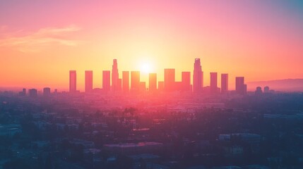 the skyline of los angeles during sunset
