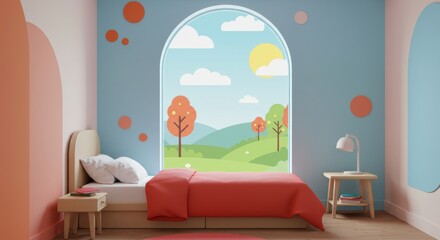 Bright and cozy children's room with colorful wall art and large window view of nature