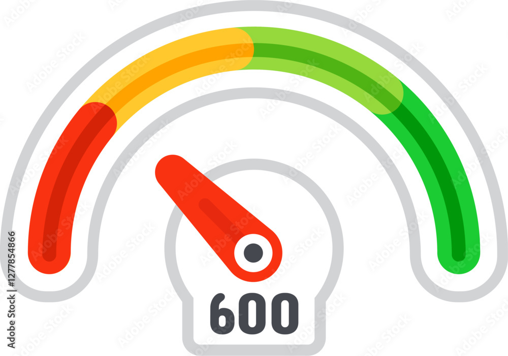 Poster speedometer pointing average performance with red needle and colorful scale from red to green and nu