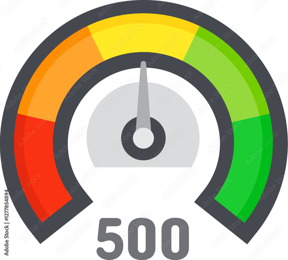 Poster speedometer with colorful sections pointing average performance with number 500 below, measuring spe