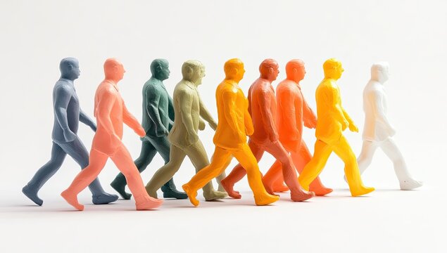 Colorful figurines in a line, walking on a white background, depicting progress or teamwork - Powered by Adobe