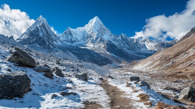 Majestic himalayan mountain range with snow-capped peaks under clear blue sky
