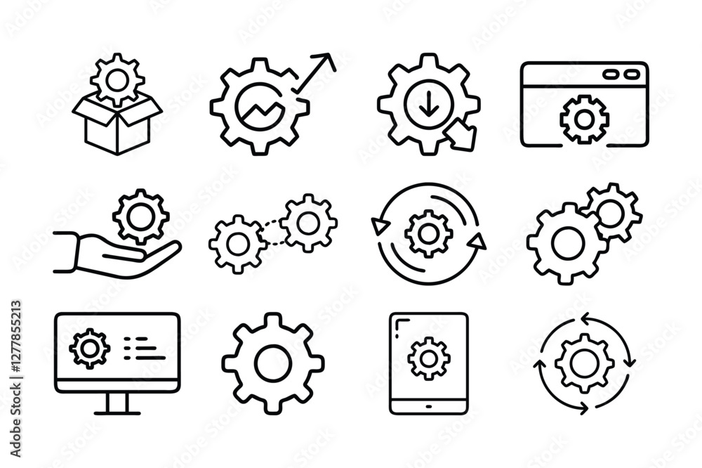Poster set of simple line icons depicting system operations