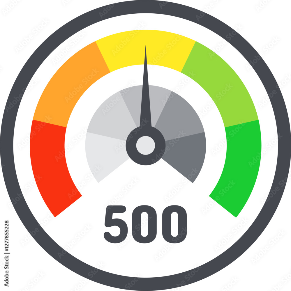 Poster colorful speedometer with gray needle pointing average score of five hundred, segmented in different