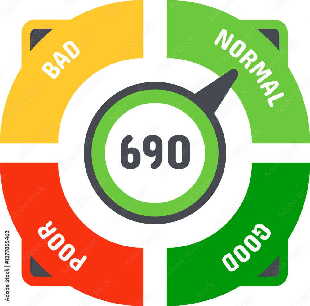 Poster circular credit score indicator with an arrow pointing normal value on colorful scale from bad to go