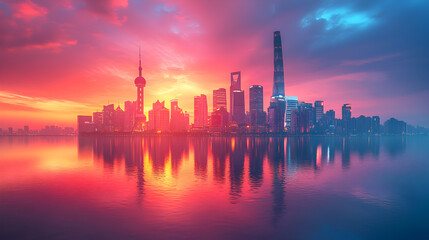 Shanghai Skyline Sunrise Reflection  Cityscape Panorama