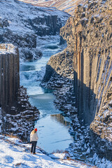 The basalt columns at Studlagil Canyon, at the east region of Iceland, winter time.