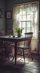 A serene corner of a rustic room with natural light cascading in. A charming table set with a potted plant and cups evokes calmness and nostalgia. Generative AI