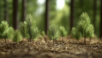 Young pine trees planted in forest floor
