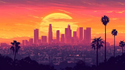 the skyline of los angeles during sunset