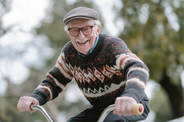 An elderly man smiling while riding a bicycle outdoors in a park, wearing a sweater and glasses