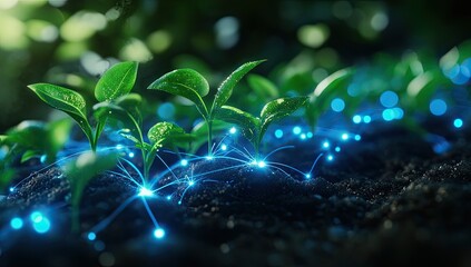 Connected seedlings in fertile soil, digital future