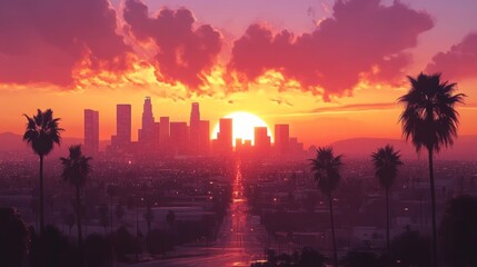 the skyline of los angeles during sunset