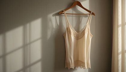 Silk Satin Camisole with Lace Details – High-End Lingerie on Wooden Hanger, Soft Lighting, Minimalist Background
