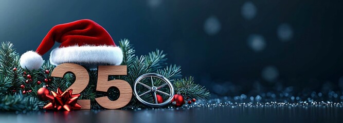 Festive 2025 holiday scene with Santa hat, car wheel & gift bow on dark blue. Ideal for Christmas greetings, automotive holiday campaigns, retail ads & seasonal banners.