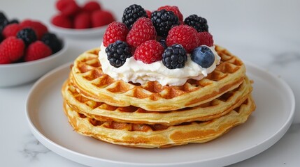 Stack of waffles with whipped cream and fresh berries on white plate