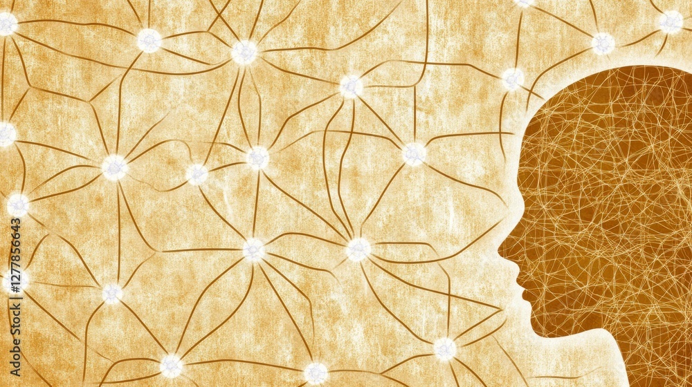 Aufkleber serene profile face silhouette overlayed with network of neural connections and organic patterns in 