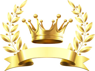 Golden crown with laurel wreath and a ribbon banner, symbolizing royalty, achievement, victory, and high quality products or services, perfect for luxury branding and marketing