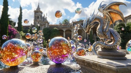 Fototapeta premium Dragon Statue Beside Colorful Orbs in Fantasy Garden Setting